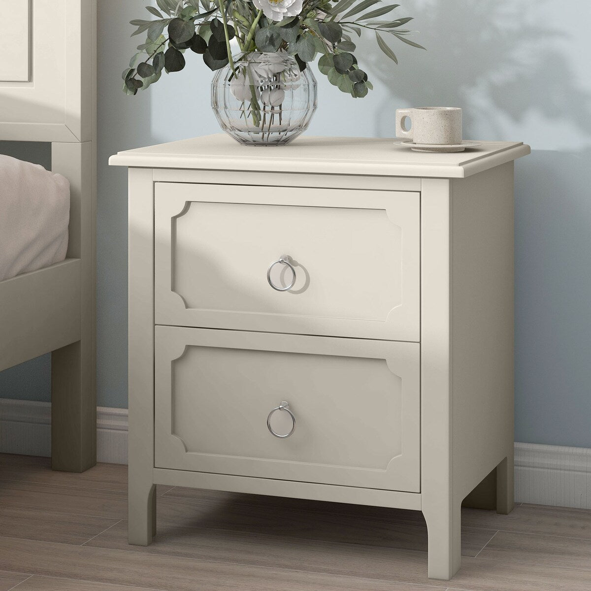 Wooden Nightstand Two Drawers Silver Metal Handles for Living Room