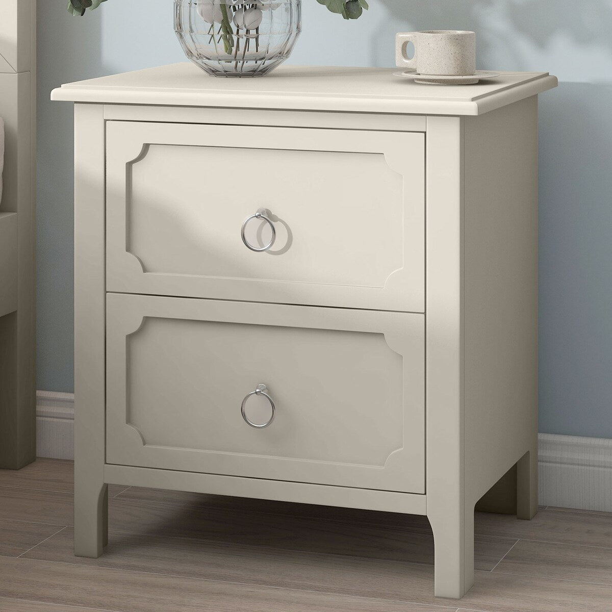Wooden Nightstand Two Drawers Silver Metal Handles for Living Room