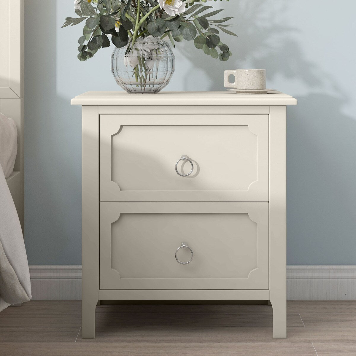 Wooden Nightstand Two Drawers Silver Metal Handles for Living Room