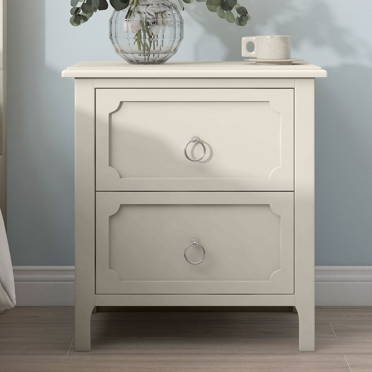 Wooden Nightstand Two Drawers Silver Metal Handles for Living Room