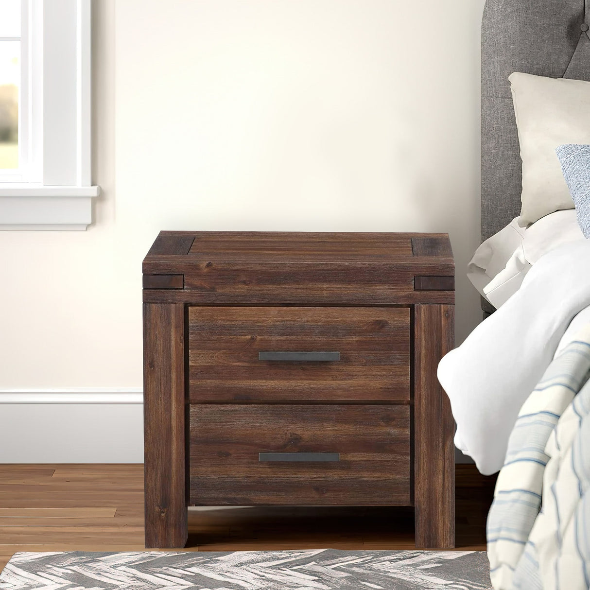 Wooden Nightstand with Exposed Mortise and Tenon Corner Joints, Brown