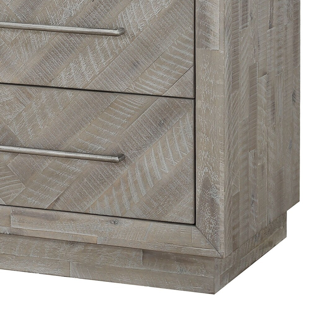 Wooden Nightstand with Inlaid Pattern and 2 Drawers, Weathered Brown