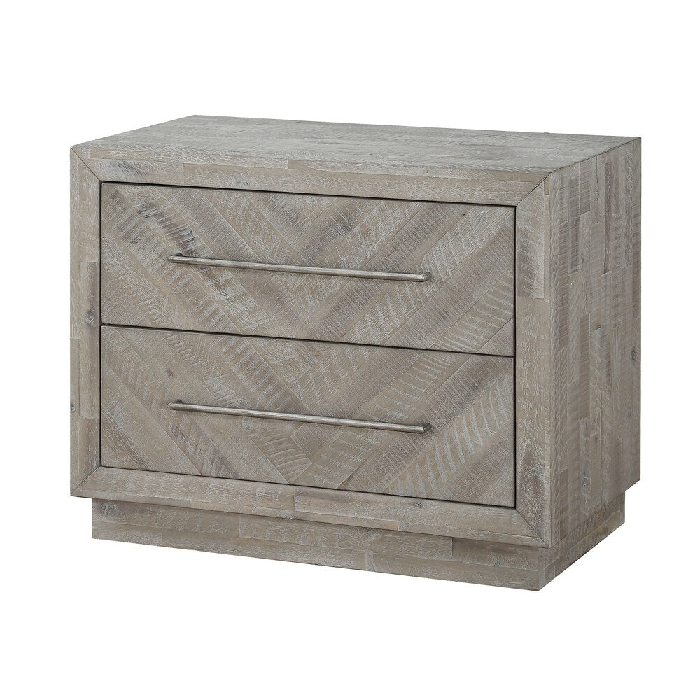 Wooden Nightstand with Inlaid Pattern and 2 Drawers, Weathered Brown