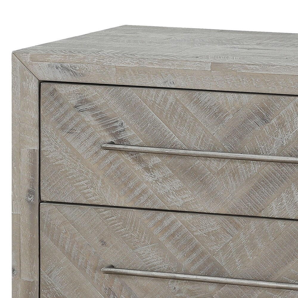 Wooden Nightstand with Inlaid Pattern and 2 Drawers, Weathered Brown