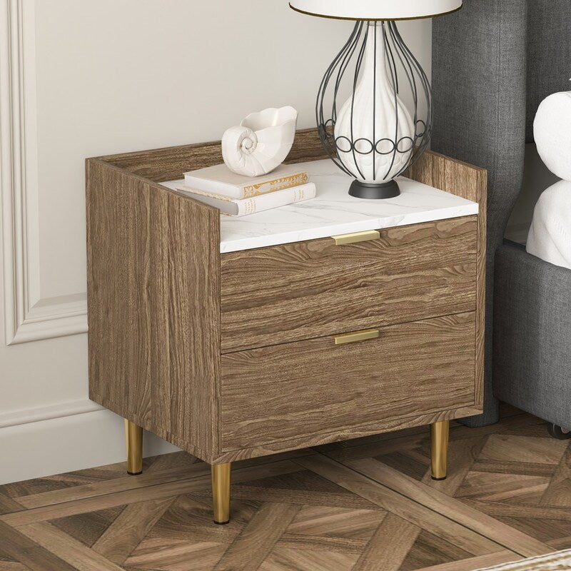 Wooden Nightstand with Marbling Worktop