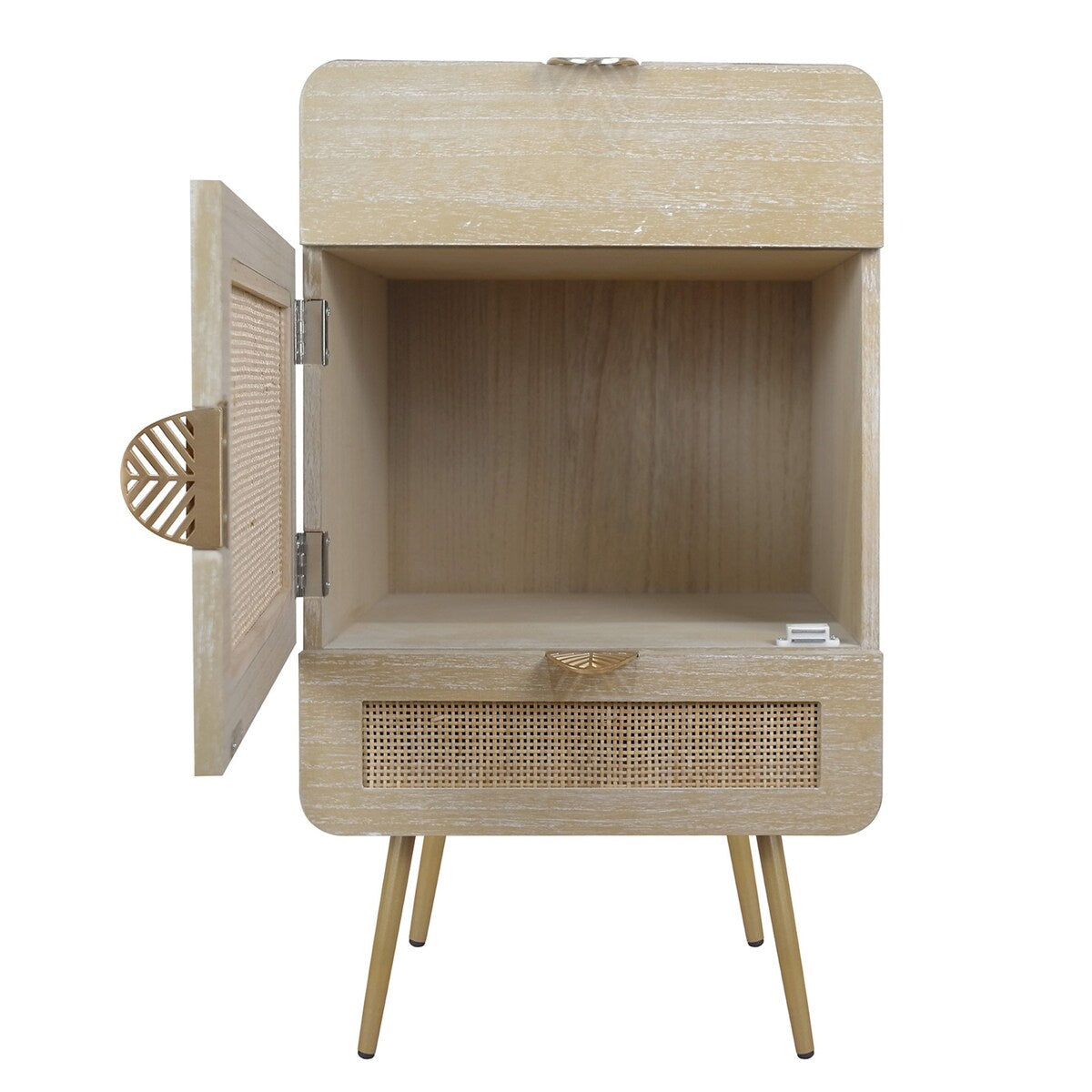 Wooden Nightstand with Rattan Panel,Two Drawers ,One Cabinet and Metal Feet Bedside Table (Natural)