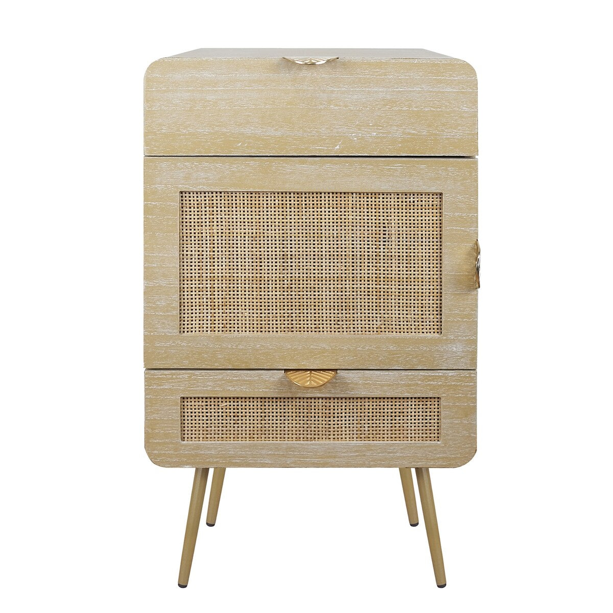 Wooden Nightstand with Rattan Panel,Two Drawers ,One Cabinet and Metal Feet Bedside Table (Natural)