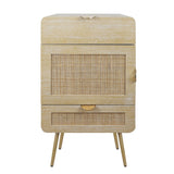 Wooden Nightstand with Rattan Panel,Two Drawers ,One Cabinet and Metal Feet Bedside Table (Natural)