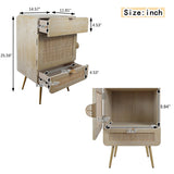 Wooden Nightstand with Rattan Panel,Two Drawers ,One Cabinet and Metal Feet Bedside Table (Natural)