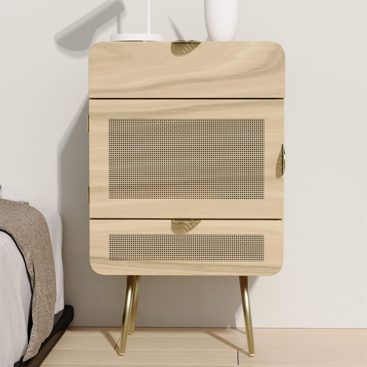 Wooden Nightstand with Rattan Panel,Two Drawers ,One Cabinet and Metal Feet Bedside Table (Natural)