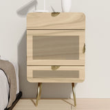 Wooden Nightstand with Rattan Panel,Two Drawers ,One Cabinet and Metal Feet Bedside Table (Natural)