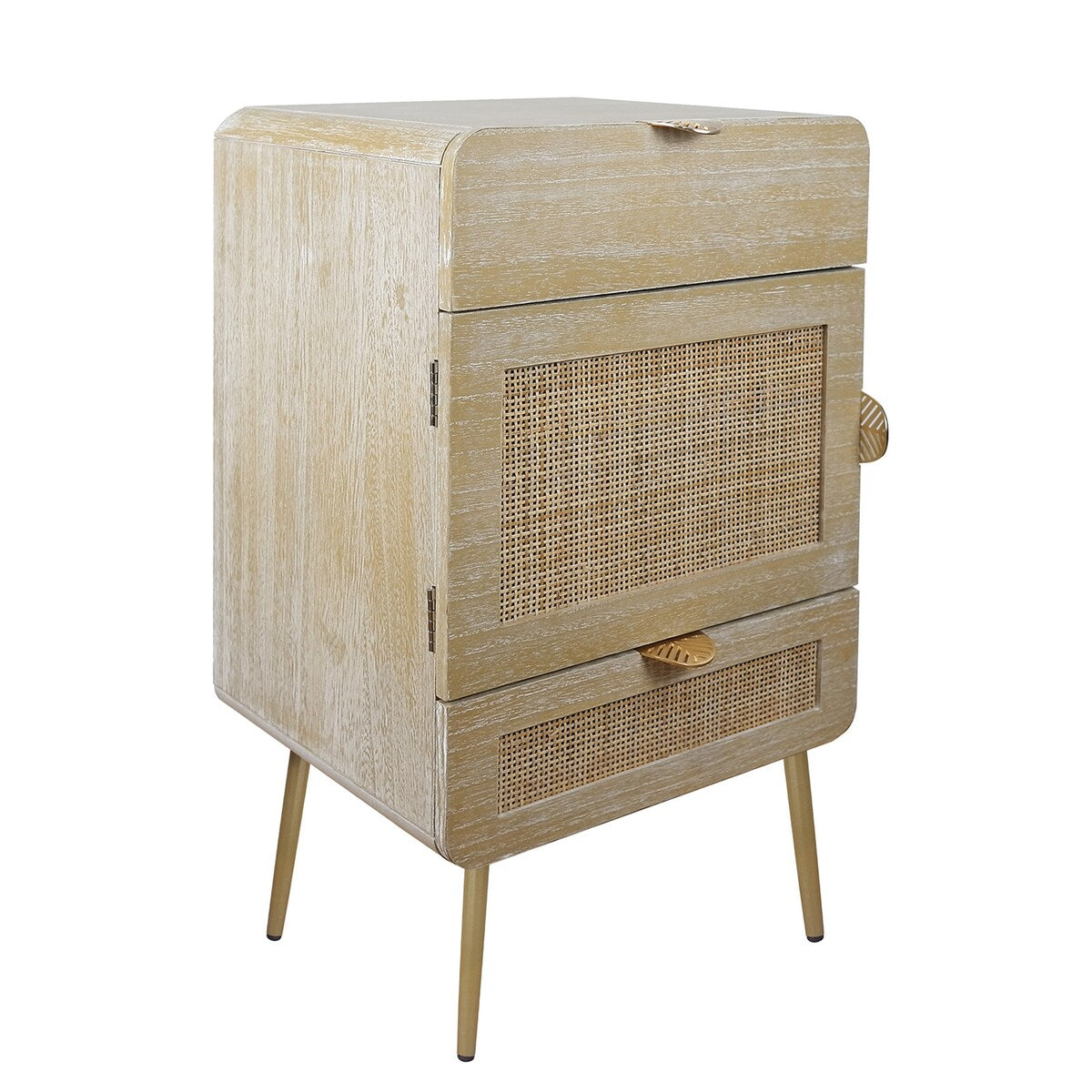 Wooden Nightstand with Rattan Panel,Two Drawers ,One Cabinet and Metal Feet Bedside Table (Natural)