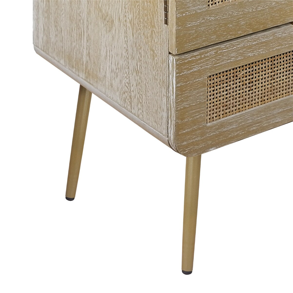 Wooden Nightstand with Rattan Panel,Two Drawers ,One Cabinet and Metal Feet Bedside Table (Natural)