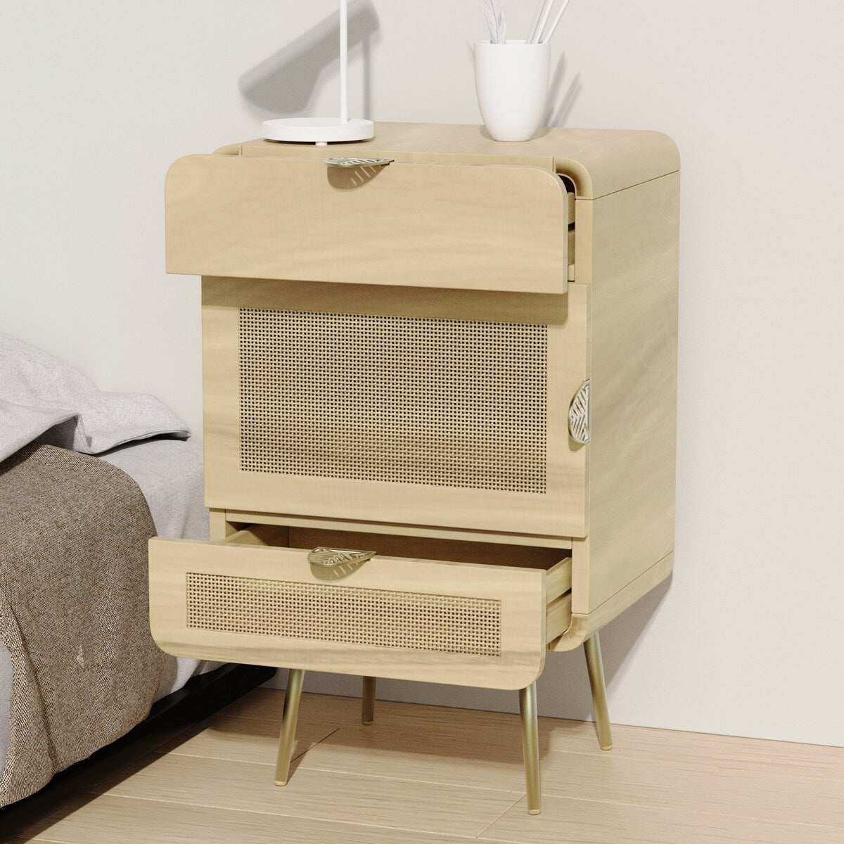 Wooden Nightstand with Rattan Panel,Two Drawers ,One Cabinet and Metal Feet Bedside Table (Natural)