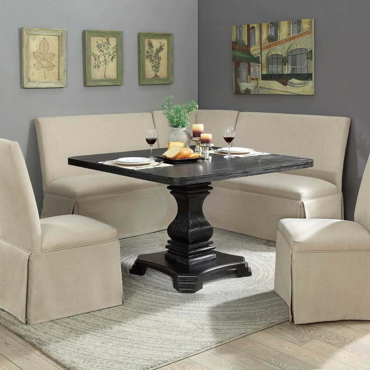 Wooden Pedestal Dining Table in Antique Black Finish