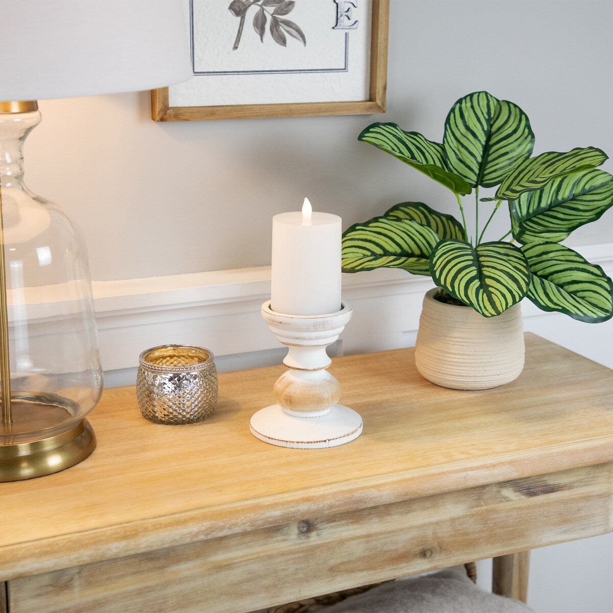 Wooden Pedestal Pillar Candle Holder - 5.5" - Brushed White