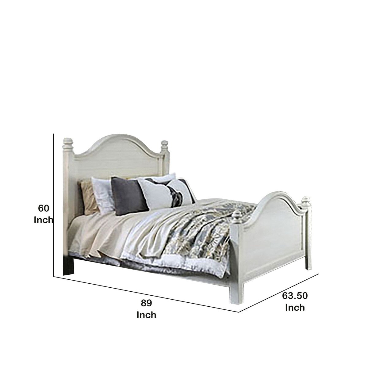 Wooden Plank Design Queen Size Bed with Turned Post, Antique White