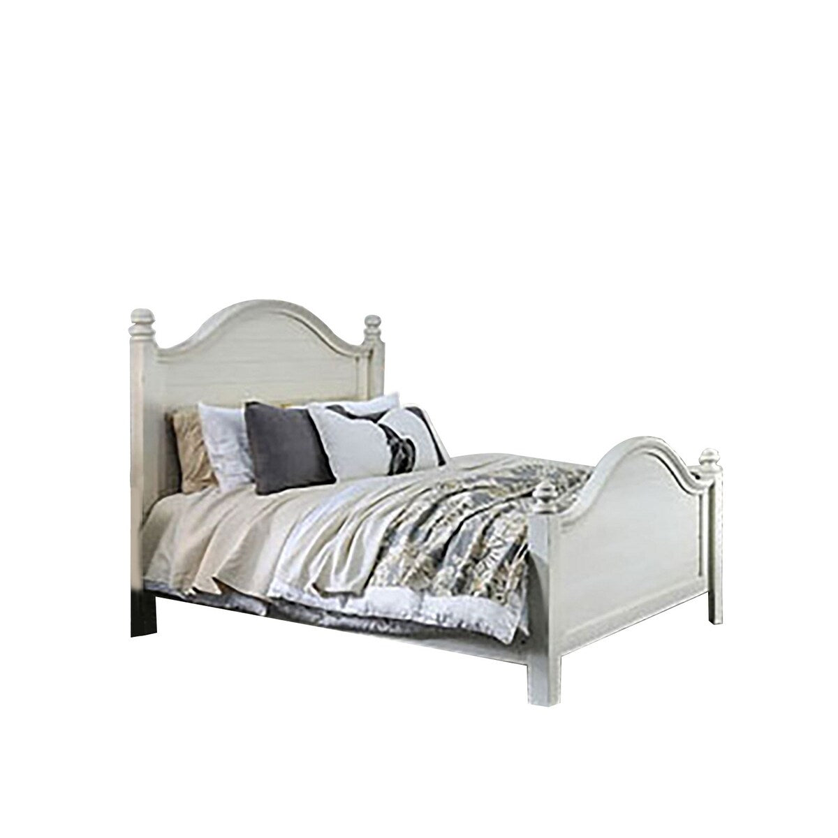 Wooden Plank Design Queen Size Bed with Turned Post, Antique White