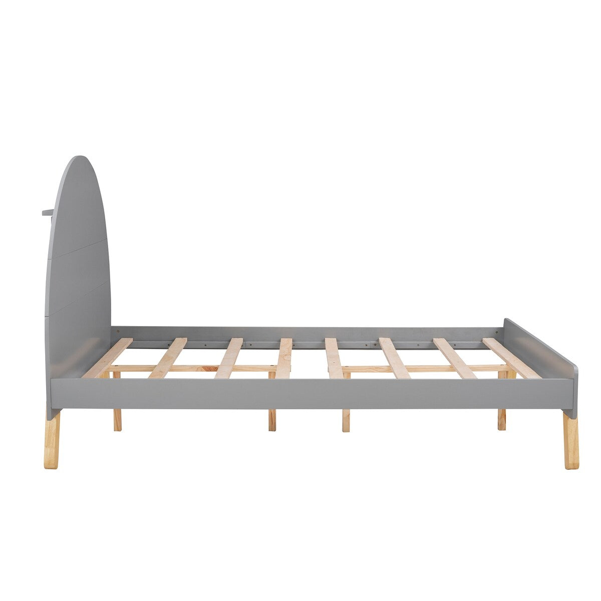 Wooden Platform Bed With Curved Headboard,Full Size Bed With Shelf Behind Headboard,Gray