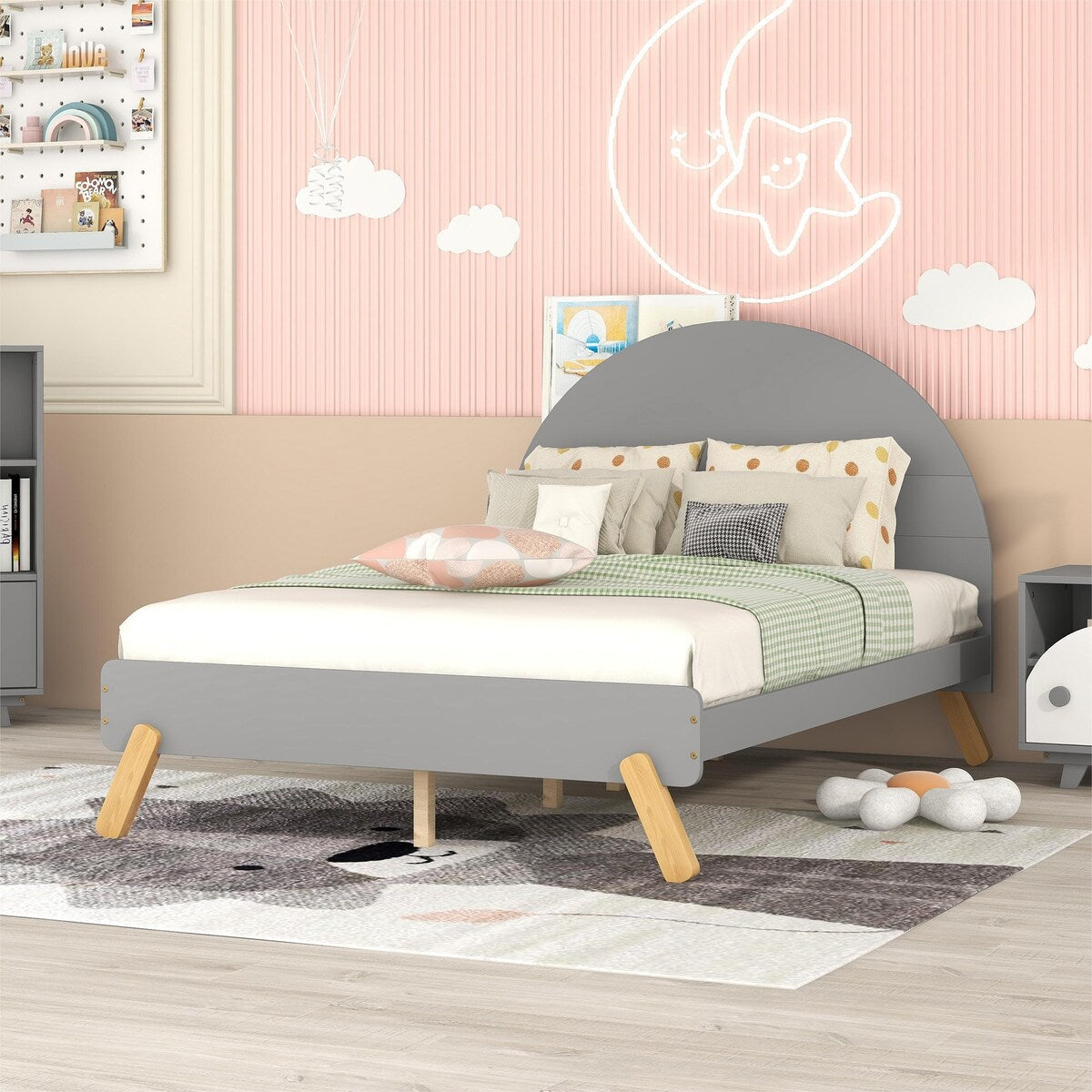 Wooden Platform Bed With Curved Headboard,Full Size Bed With Shelf Behind Headboard,Gray