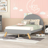 Wooden Platform Bed With Curved Headboard,Full Size Bed With Shelf Behind Headboard,Gray