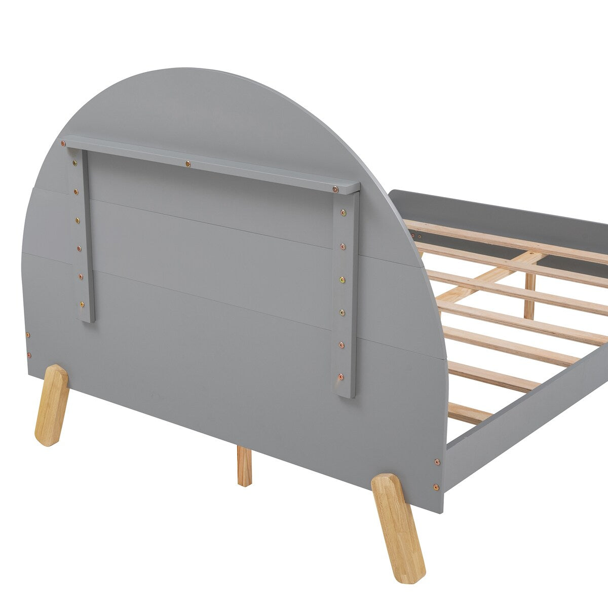 Wooden Platform Bed With Curved Headboard,Full Size Bed With Shelf Behind Headboard,Gray