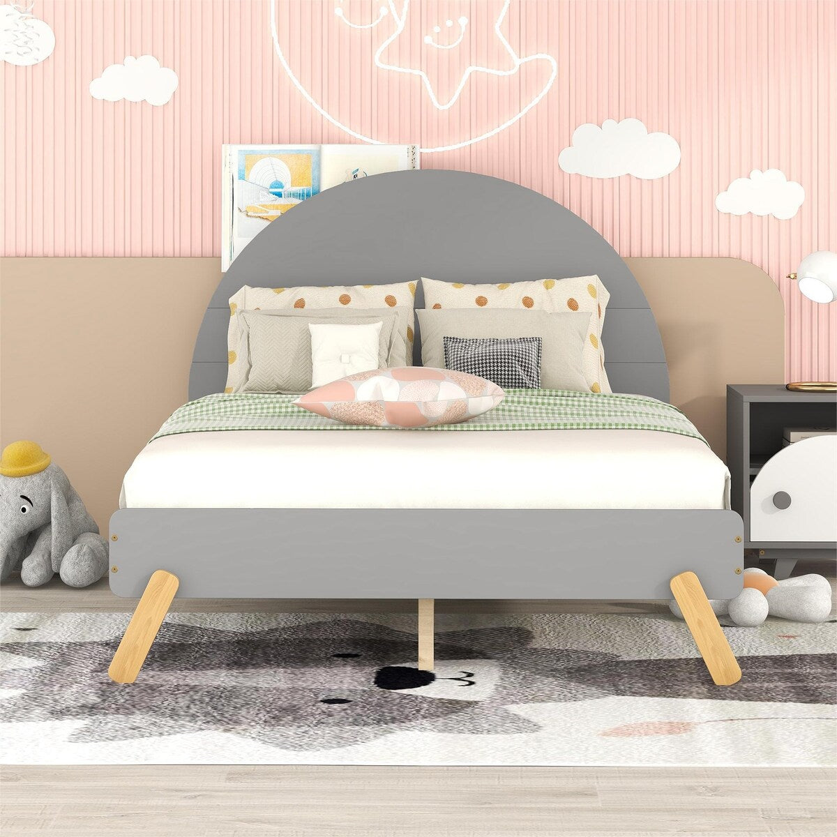 Wooden Platform Bed With Curved Headboard,Full Size Bed With Shelf Behind Headboard,Gray
