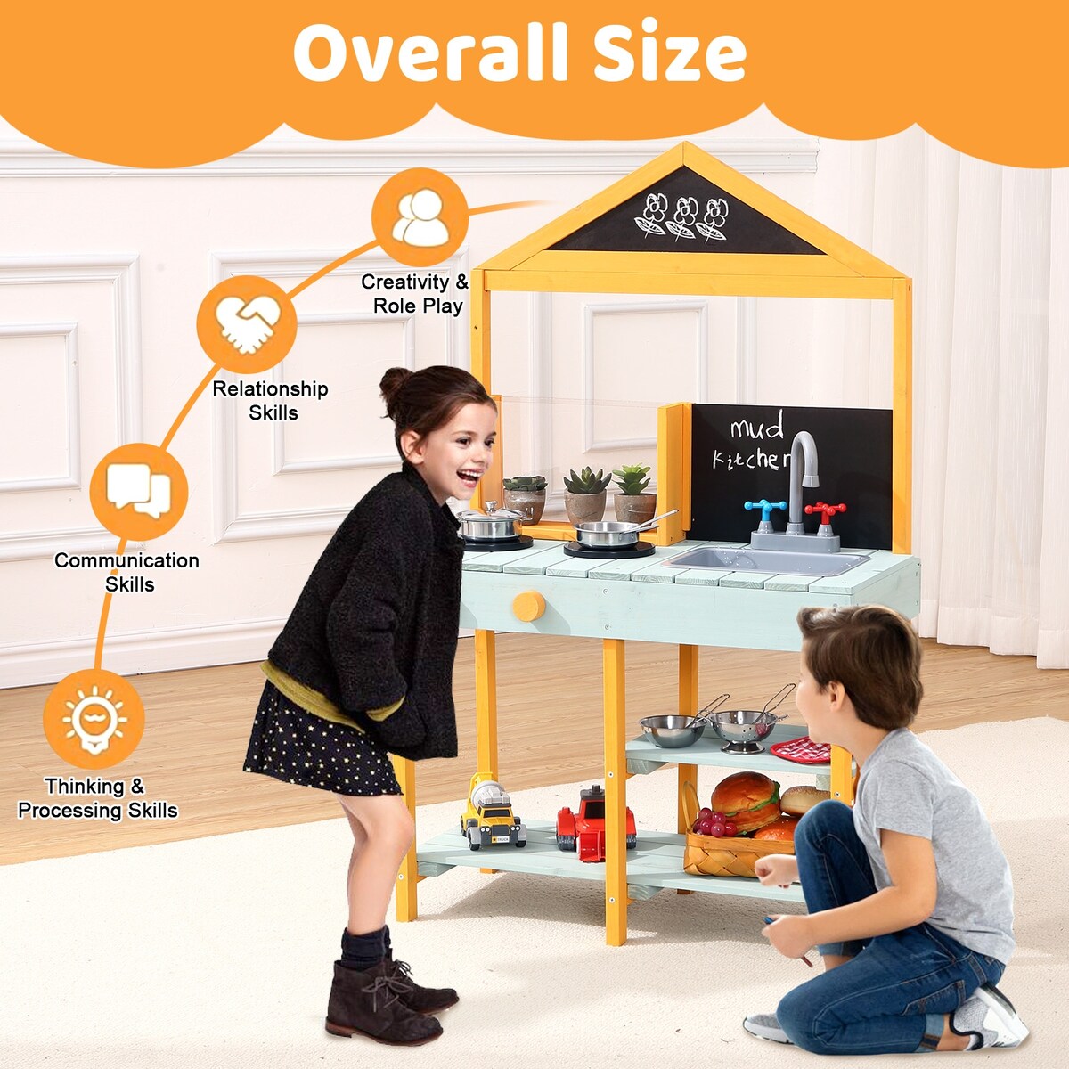 Wooden Play Kitchen,Outdoor Mud Kitchen Indoor/Outdoor Pretend Playset for Toddler Boys & Girls