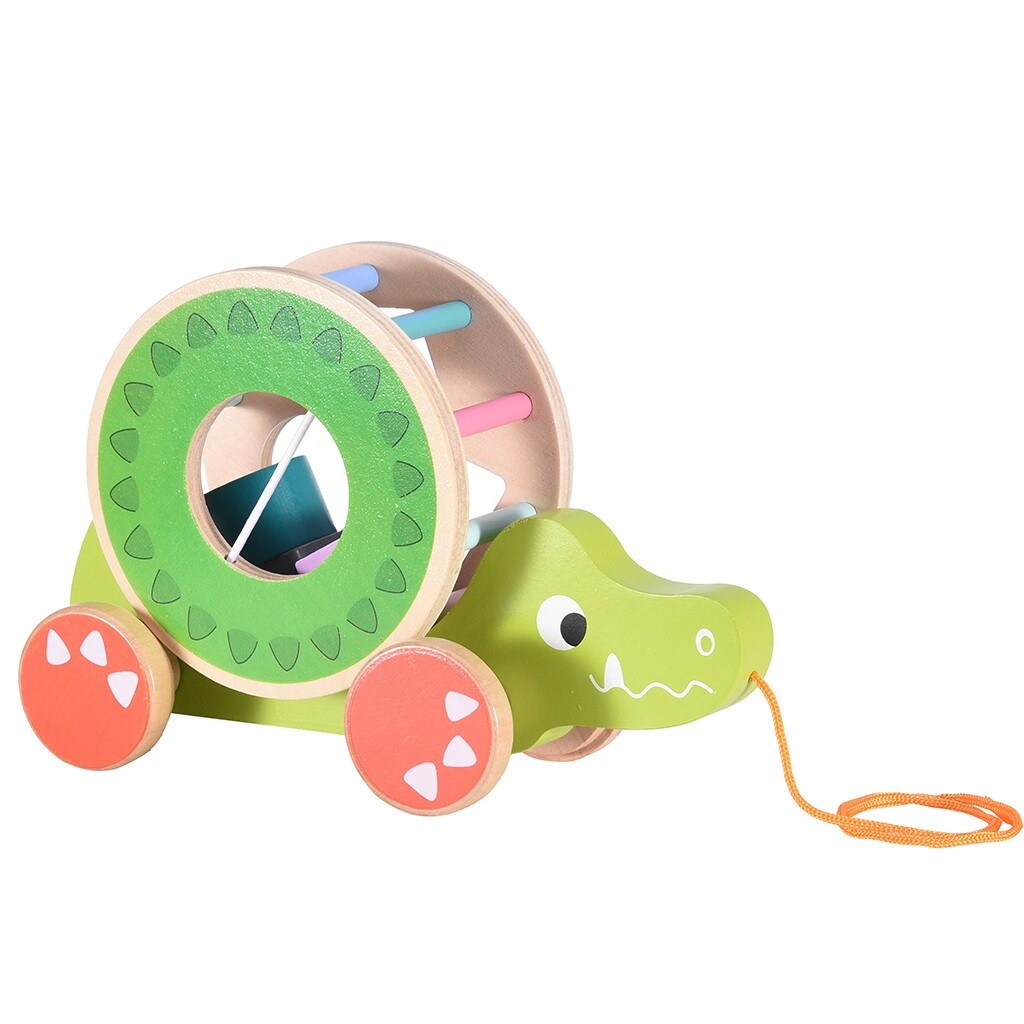 Wooden Pull Toy A-Crocodile , Shape Sorter Push Pull Toy Car for Toddlers, Best Gifts for 2 3 4 Years Old Kids Boys&Girls