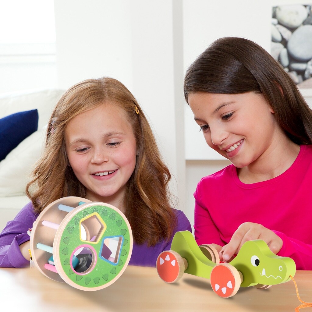 Wooden Pull Toy A-Crocodile , Shape Sorter Push Pull Toy Car for Toddlers, Best Gifts for 2 3 4 Years Old Kids Boys&Girls