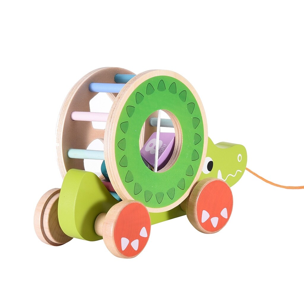 Wooden Pull Toy A-Crocodile , Shape Sorter Push Pull Toy Car for Toddlers, Best Gifts for 2 3 4 Years Old Kids Boys&Girls