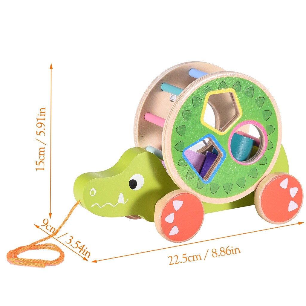 Wooden Pull Toy A-Crocodile , Shape Sorter Push Pull Toy Car for Toddlers, Best Gifts for 2 3 4 Years Old Kids Boys&Girls