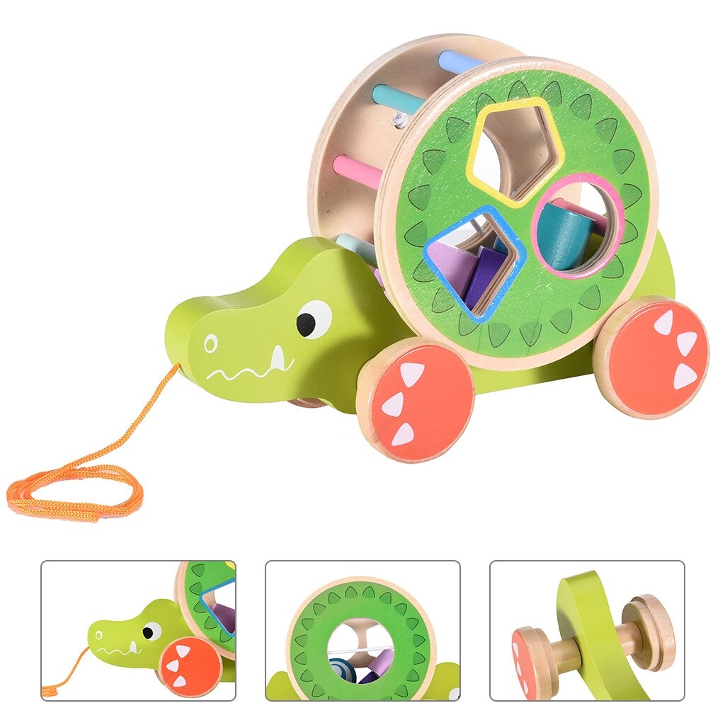 Wooden Pull Toy A-Crocodile , Shape Sorter Push Pull Toy Car for Toddlers, Best Gifts for 2 3 4 Years Old Kids Boys&Girls