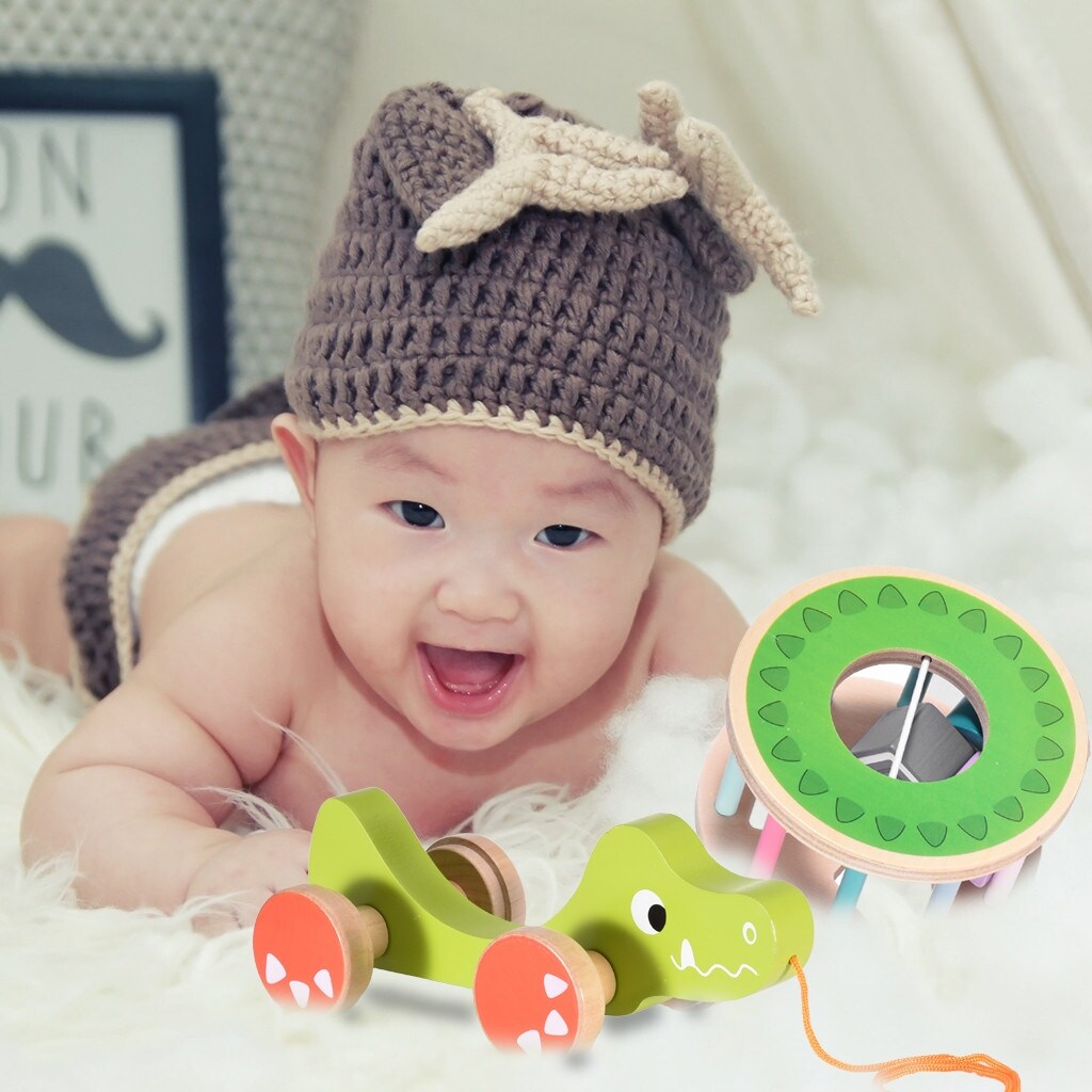 Wooden Pull Toy A-Crocodile , Shape Sorter Push Pull Toy Car for Toddlers, Best Gifts for 2 3 4 Years Old Kids Boys&Girls