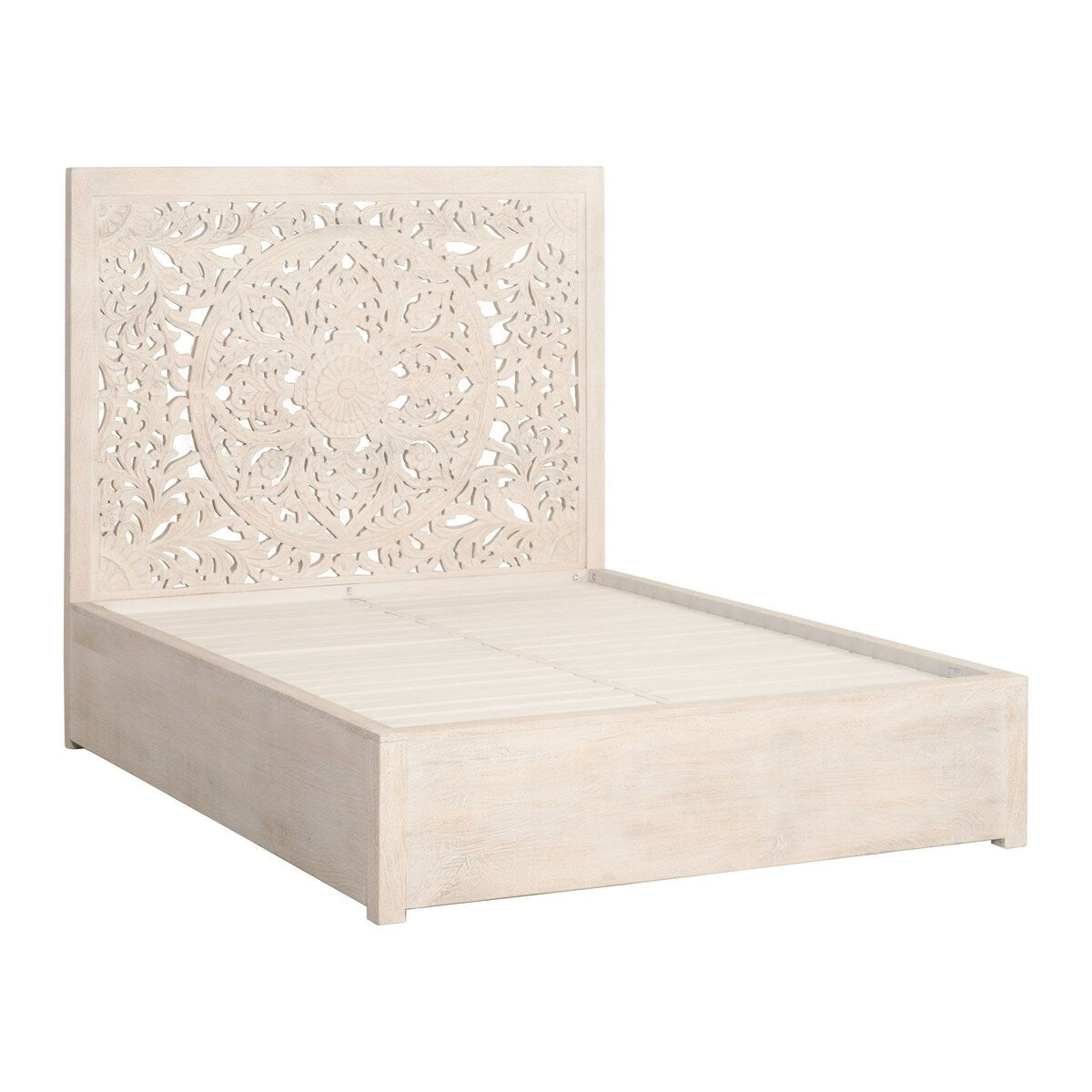Wooden Queen Size Bed with Floral Carved Headboard, Cream