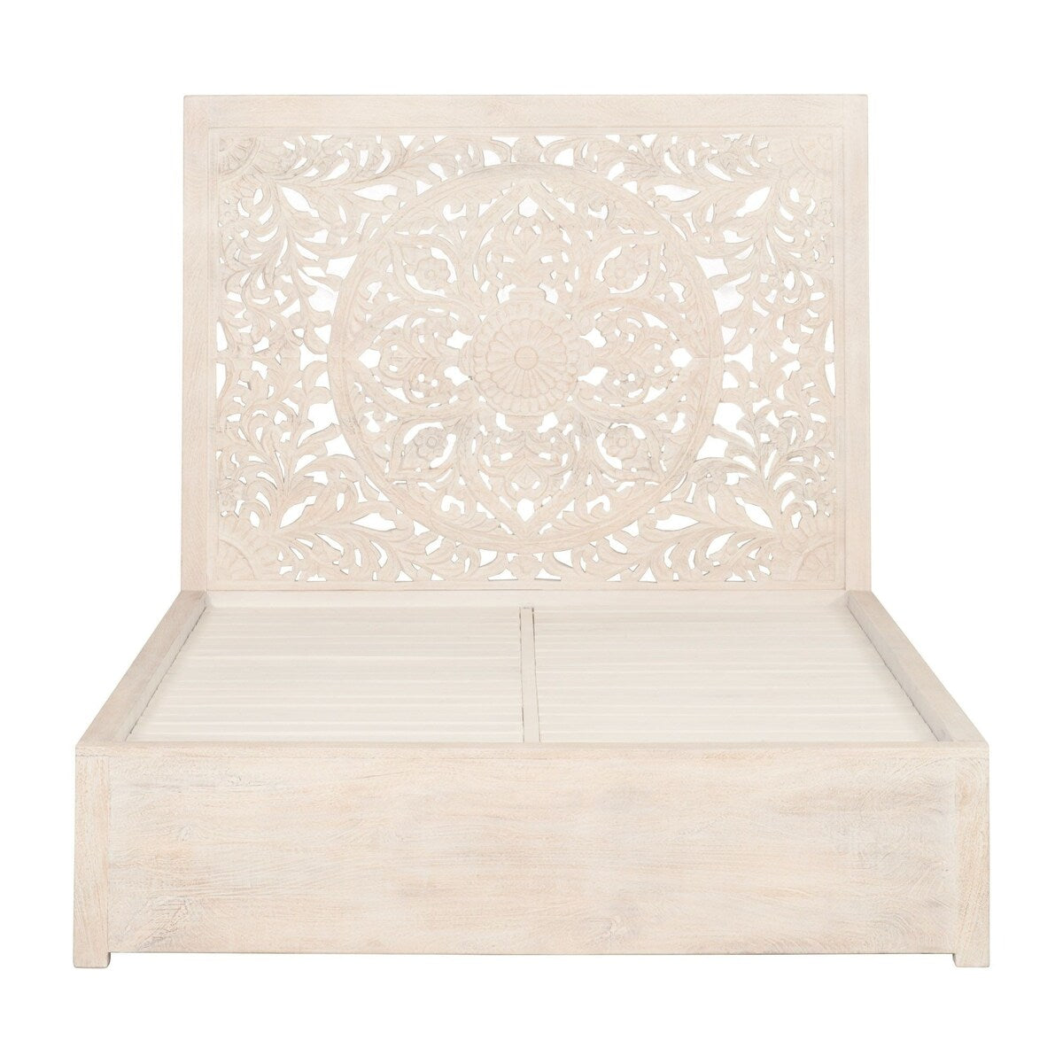 Wooden Queen Size Bed with Floral Carved Headboard, Cream
