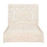 Wooden Queen Size Bed with Floral Carved Headboard, Cream