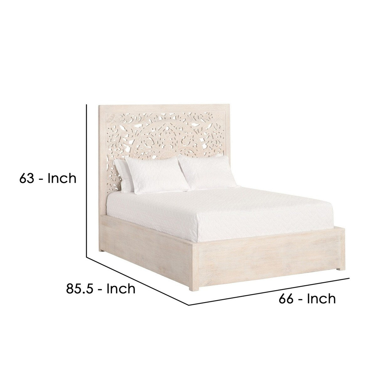 Wooden Queen Size Bed with Floral Carved Headboard, Cream