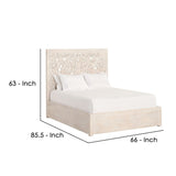 Wooden Queen Size Bed with Floral Carved Headboard, Cream
