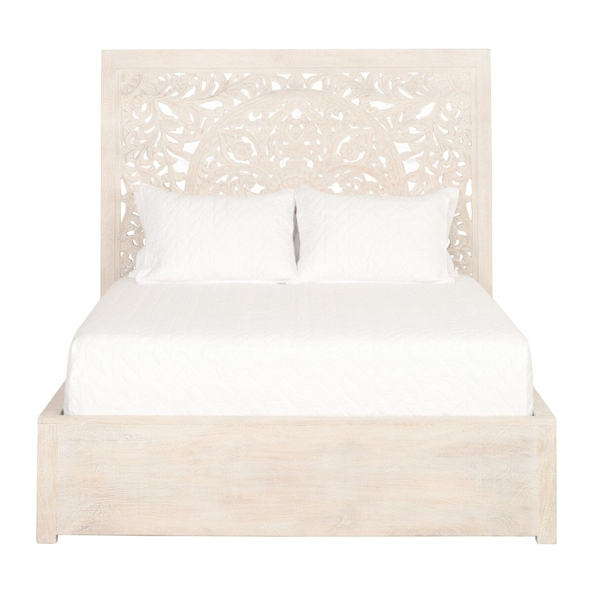 Wooden Queen Size Bed with Floral Carved Headboard, Cream