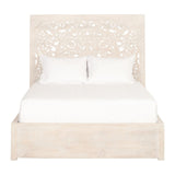Wooden Queen Size Bed with Floral Carved Headboard, Cream