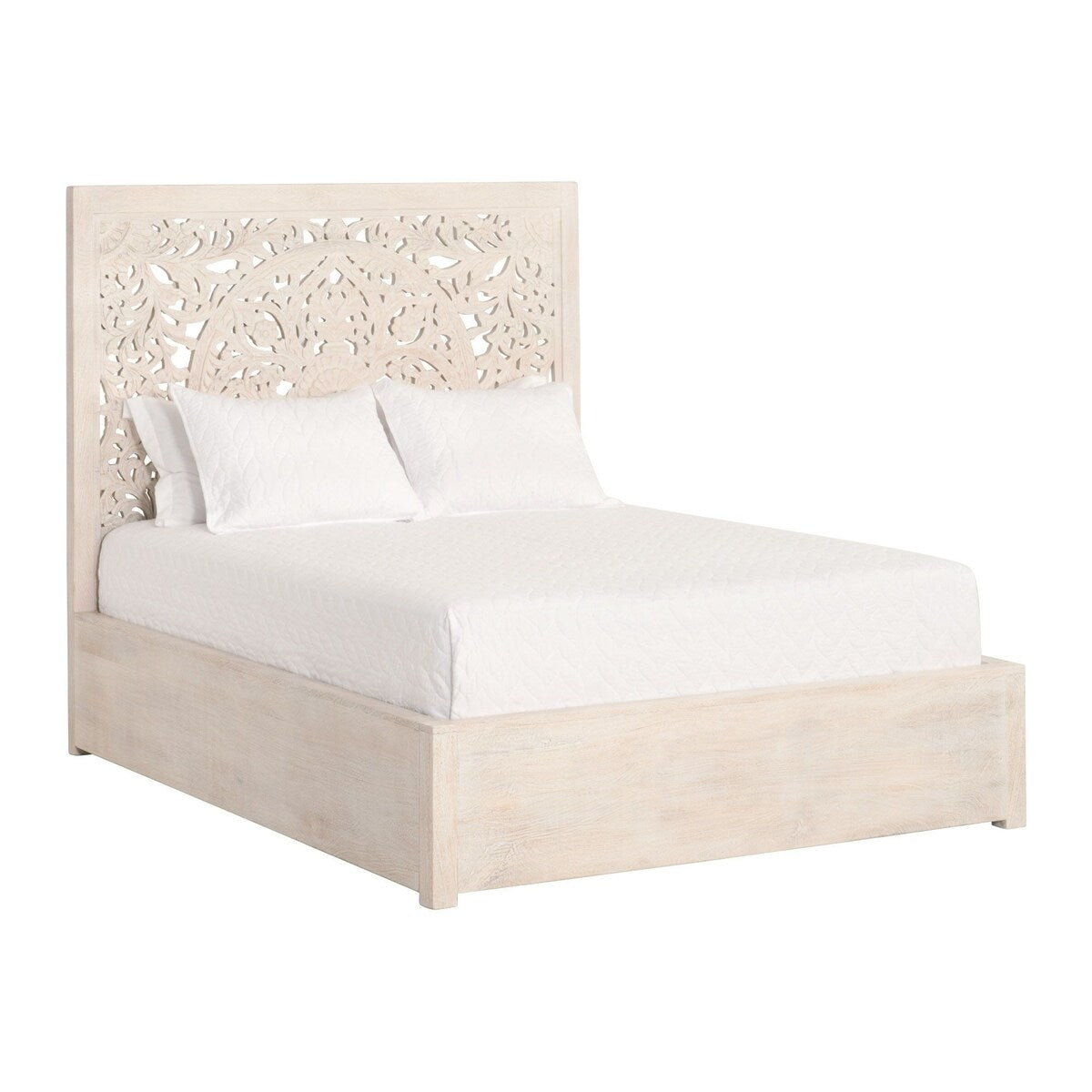 Wooden Queen Size Bed with Floral Carved Headboard, Cream