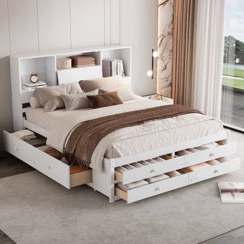 Wooden Queen Size Platform Bed with Storage Headboard, 8 Drawers