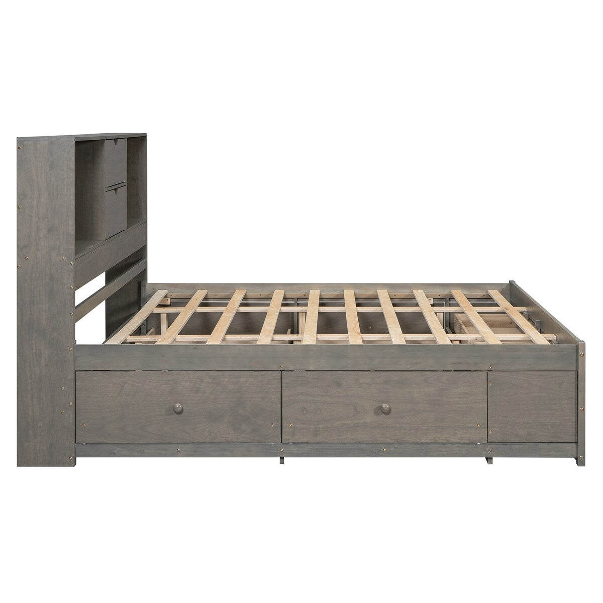 Wooden Queen Size Platform Bed with Storage Headboard, 8 Drawers