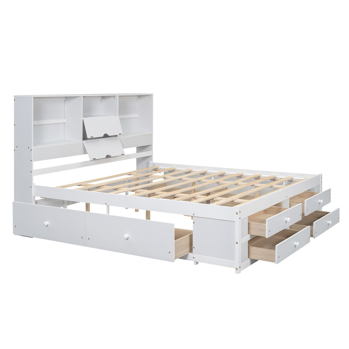 Wooden Queen Size Platform Bed with Storage Headboard, 8 Drawers