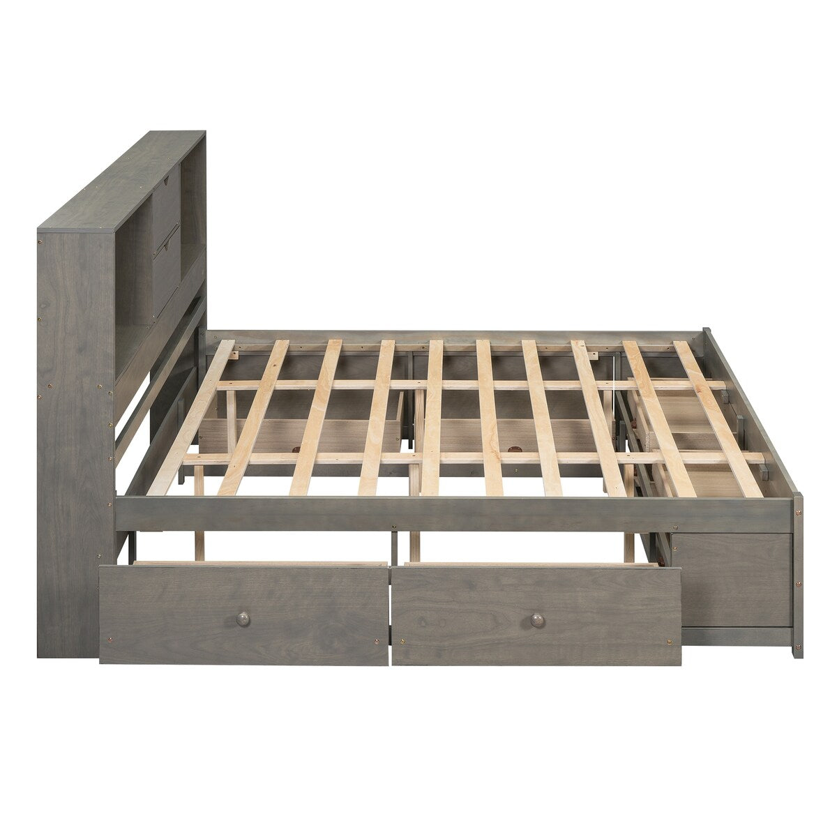 Wooden Queen Size Platform Bed with Storage Headboard, 8 Drawers