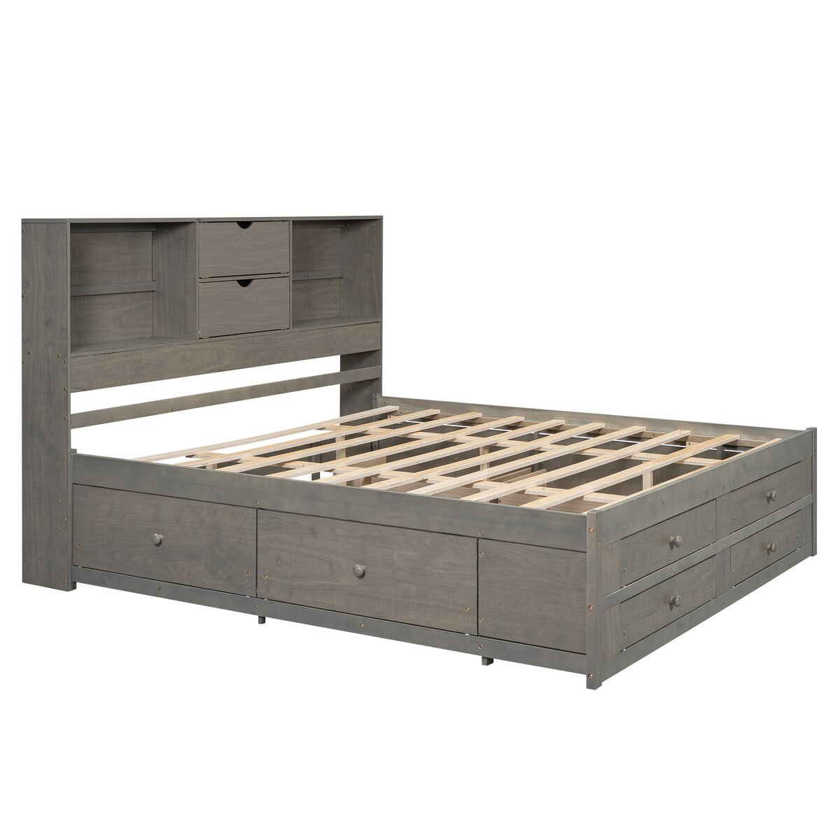 Wooden Queen Size Platform Bed with Storage Headboard, 8 Drawers
