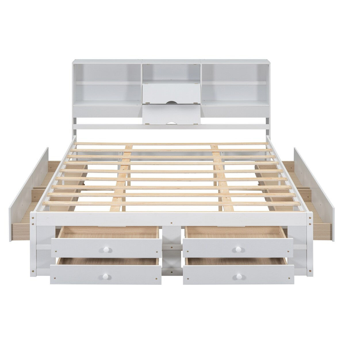 Wooden Queen Size Platform Bed with Storage Headboard, 8 Drawers