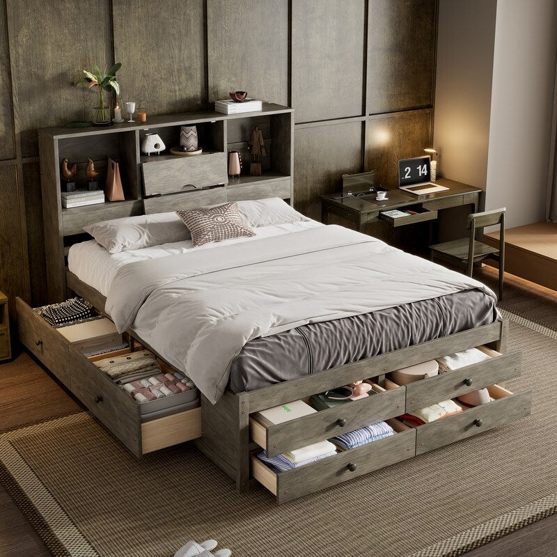 Wooden Queen Size Platform Bed with Storage Headboard, 8 Drawers