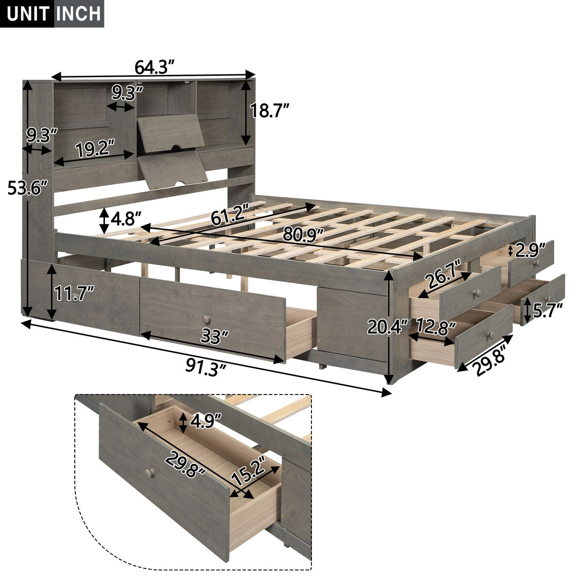Wooden Queen Size Platform Bed with Storage Headboard, 8 Drawers